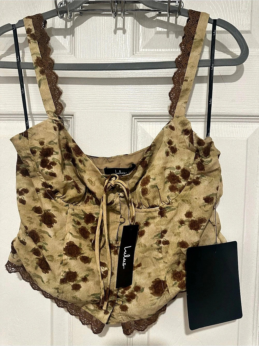 Lulus Floral Lace Trim Camisole in Brown & Cream NWT